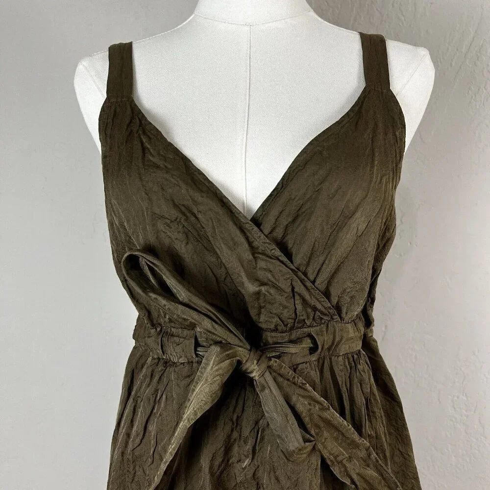 Eileen Fisher Dress Steel Satin‎ Faux Wrap Tie Front Surplice Olivine 4 Petite